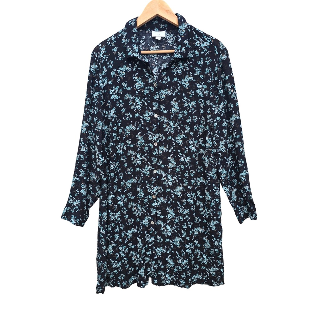 J. Jill XL Black Green Floral‎ Button Front Shirt Dress Long Sleeve Rayon XL